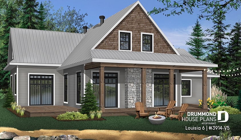 Rear view - BASE MODEL - Beautiful panoramic view ranch style house plan, master suite on main floor, open floor plan, wraparound porch - Louisia 6