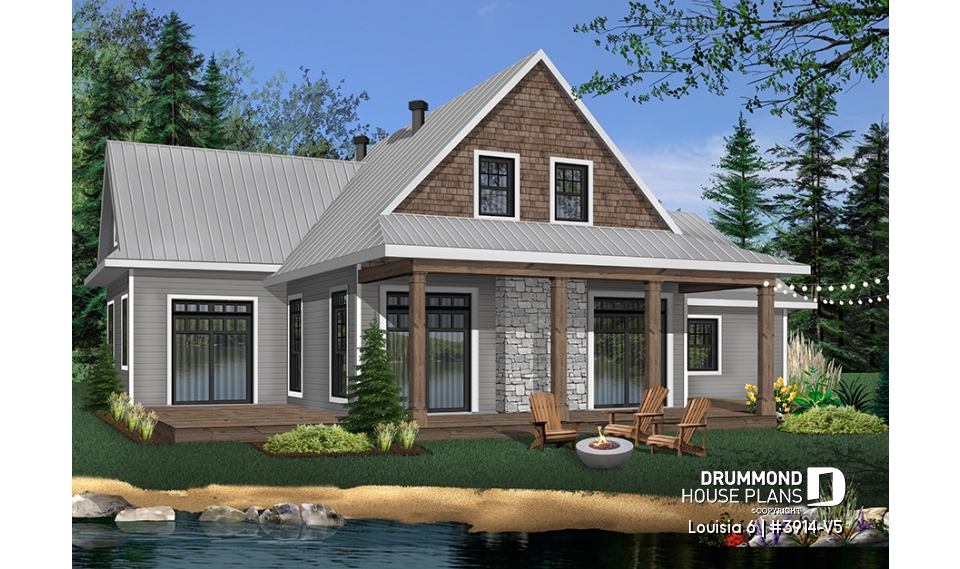 Rear view - BASE MODEL - Beautiful panoramic view ranch style house plan, master suite on main floor, open floor plan, wraparound porch - Louisia 6