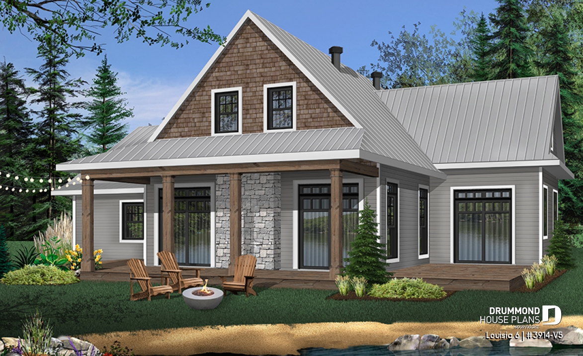 Rear view - BASE MODEL - Beautiful panoramic view ranch style house plan, master suite on main floor, open floor plan, wraparound porch - Louisia 6
