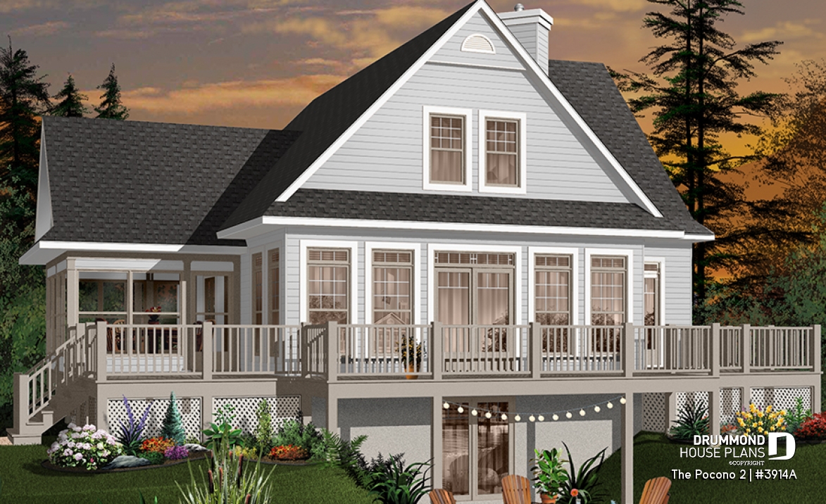Color version 4 - Rear - Open floor plan lakefront cottage house plan with large deck, master and living with fireplace - The Pocono 2