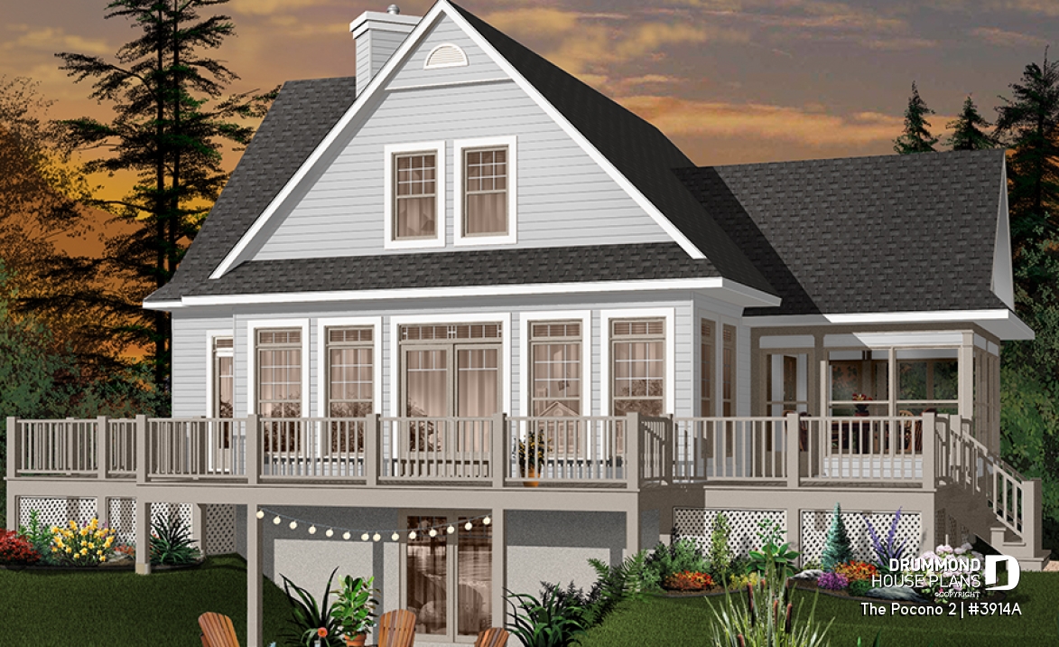 Color version 4 - Rear - Open floor plan lakefront cottage house plan with large deck, master and living with fireplace - The Pocono 2