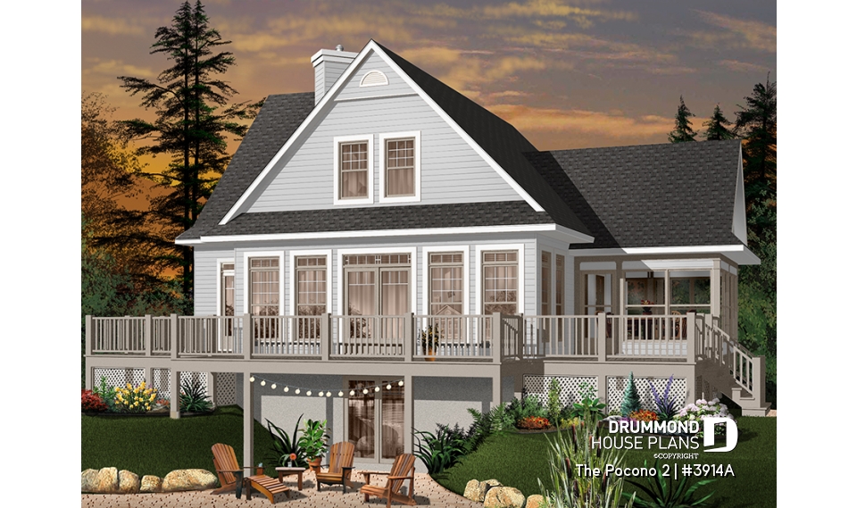 Color version 4 - Rear - Open floor plan lakefront cottage house plan with large deck, master and living with fireplace - The Pocono 2