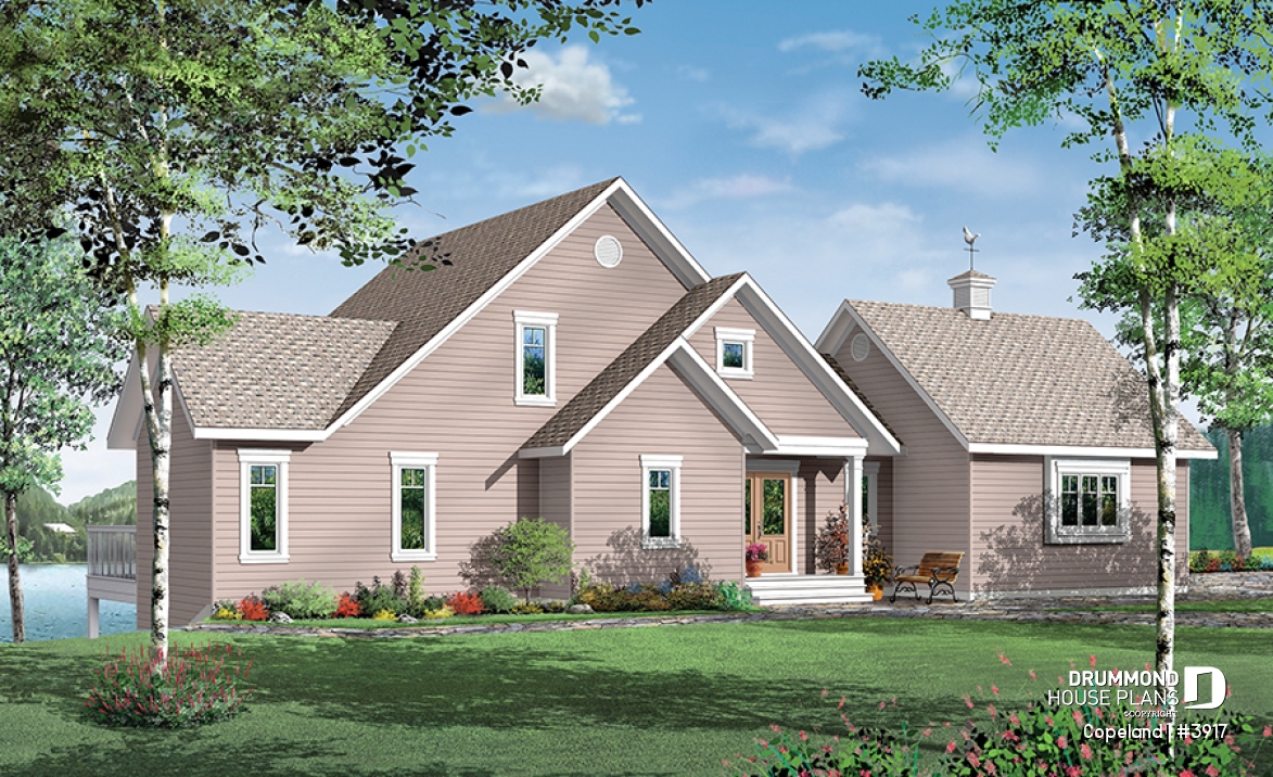 front - BASE MODEL - Lakefront walkout basement house plan, 2 to 4 bedrooms, 2 master suites, 2-car garage, open concept  - Copeland