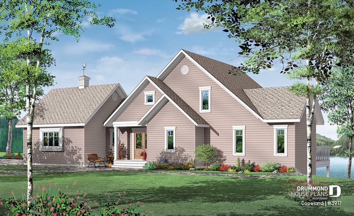 front - BASE MODEL - Lakefront walkout basement house plan, 2 to 4 bedrooms, 2 master suites, 2-car garage, open concept  - Copeland
