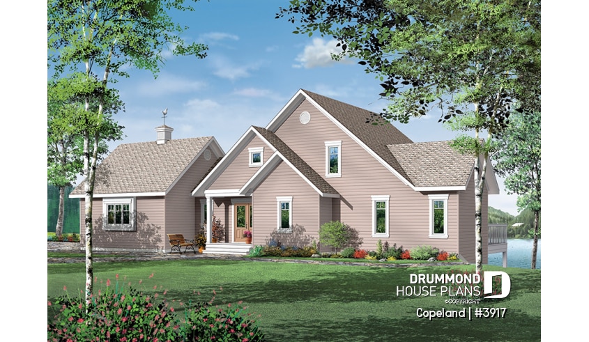 front - BASE MODEL - Lakefront walkout basement house plan, 2 to 4 bedrooms, 2 master suites, 2-car garage, open concept  - Copeland