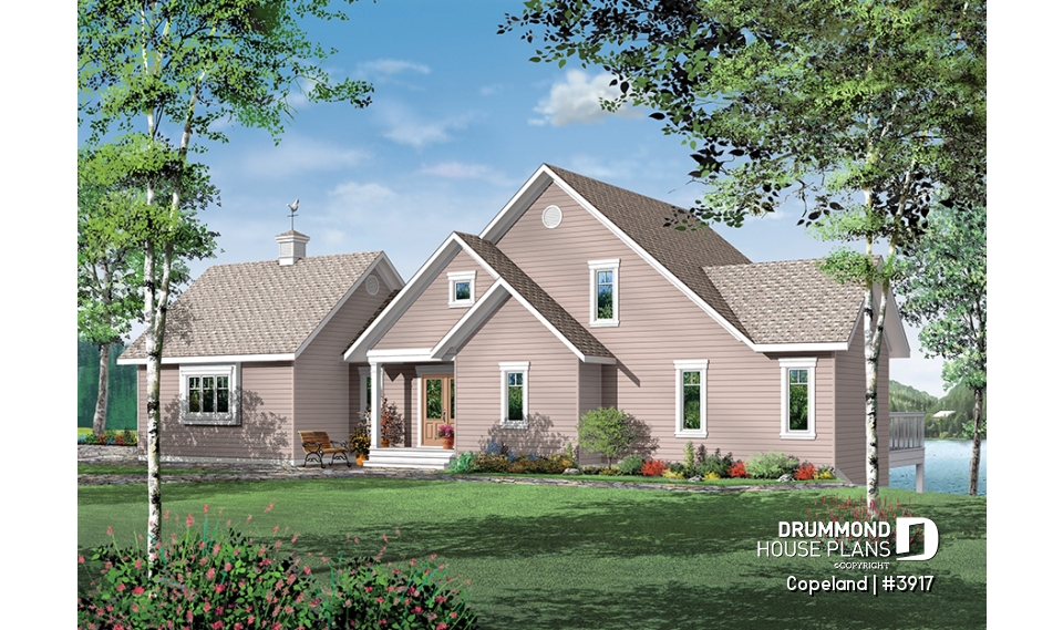 front - BASE MODEL - Lakefront walkout basement house plan, 2 to 4 bedrooms, 2 master suites, 2-car garage, open concept  - Copeland