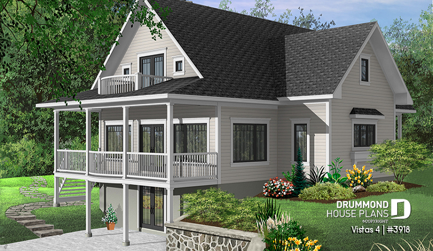 Color version 4 - Rear - Perfect country house plan, master suite w/fireplac, large terrace, 9' ceiling on main, 3 to 4 beds, 3.5 baths - Vistas 4