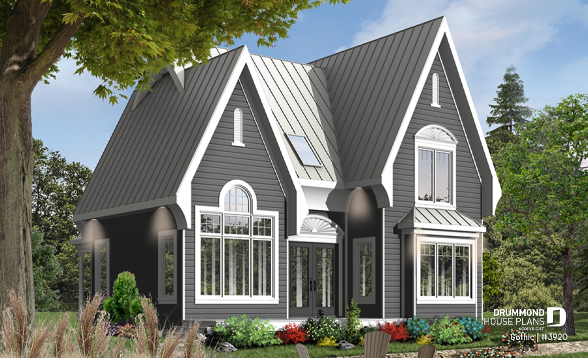 Color version 2 - Rear - Tudor house plan with master bedroom on main floor, total 3 beds and 2 baths, cathedral ceiling - Gothic