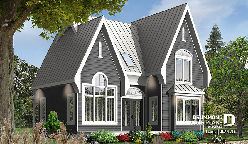 Color version 2 - Rear - Tudor house plan with master bedroom on main floor, total 3 beds and 2 baths, cathedral ceiling - Gothic