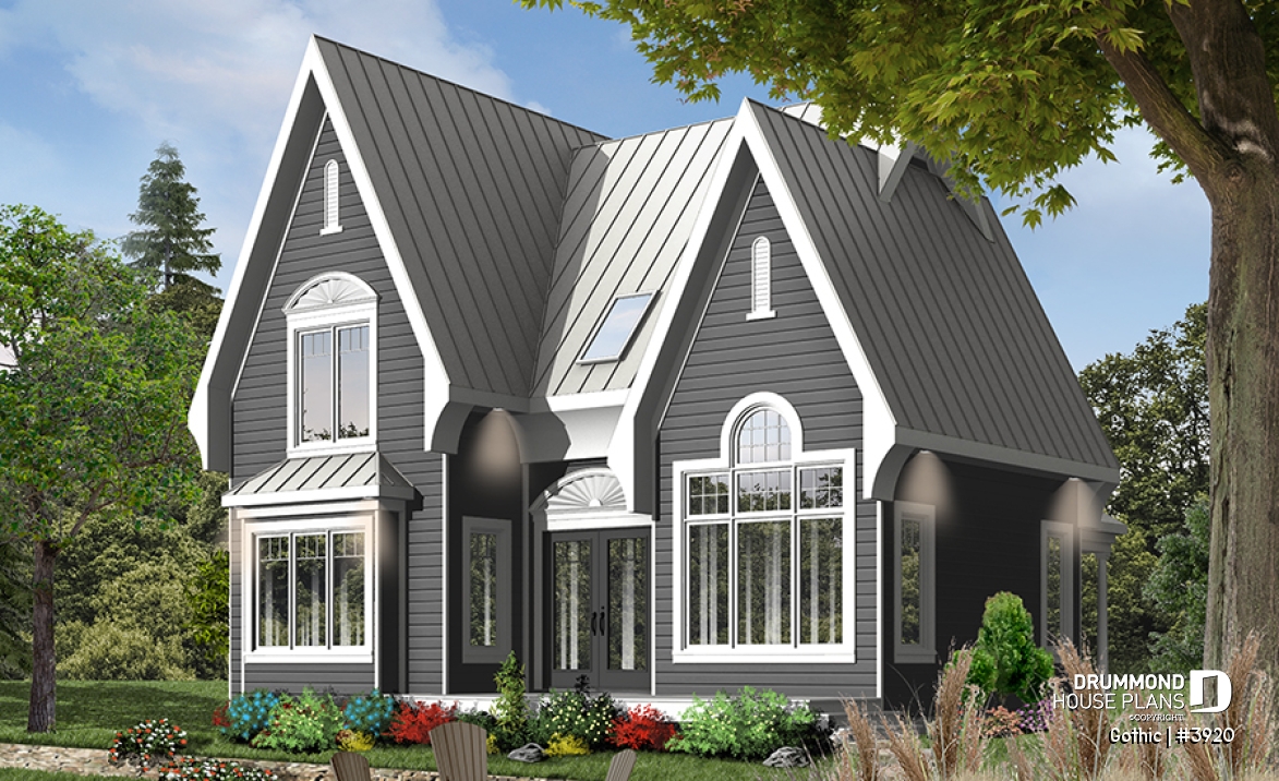 Color version 2 - Rear - Tudor house plan with master bedroom on main floor, total 3 beds and 2 baths, cathedral ceiling - Gothic
