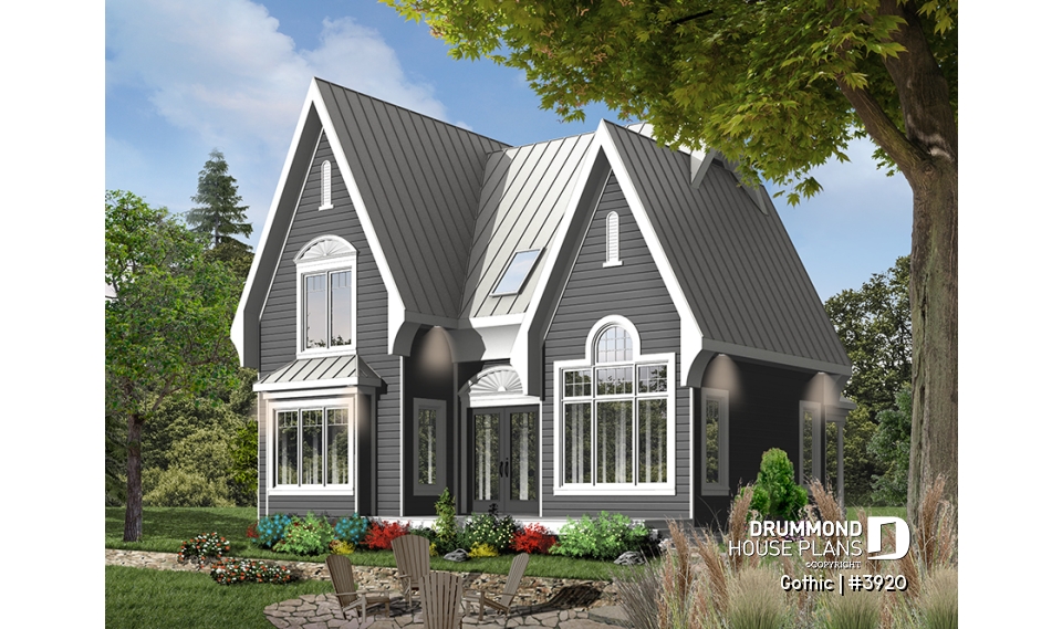 Color version 2 - Rear - Tudor house plan with master bedroom on main floor, total 3 beds and 2 baths, cathedral ceiling - Gothic