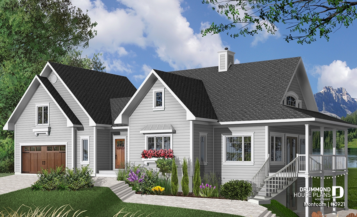 front - BASE MODEL - Country cottage house plan, large master suite, guest suite above garage, large covered terrace, fireplace - Montcalm