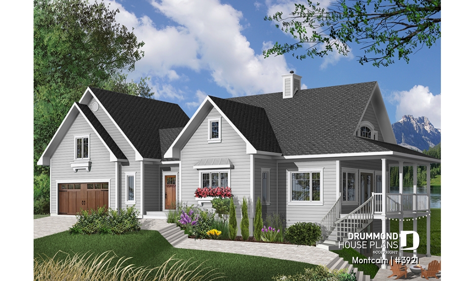 front - BASE MODEL - Country cottage house plan, large master suite, guest suite above garage, large covered terrace, fireplace - Montcalm