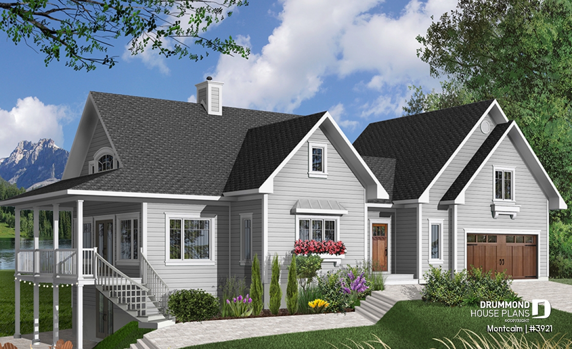 front - BASE MODEL - Country cottage house plan, large master suite, guest suite above garage, large covered terrace, fireplace - Montcalm