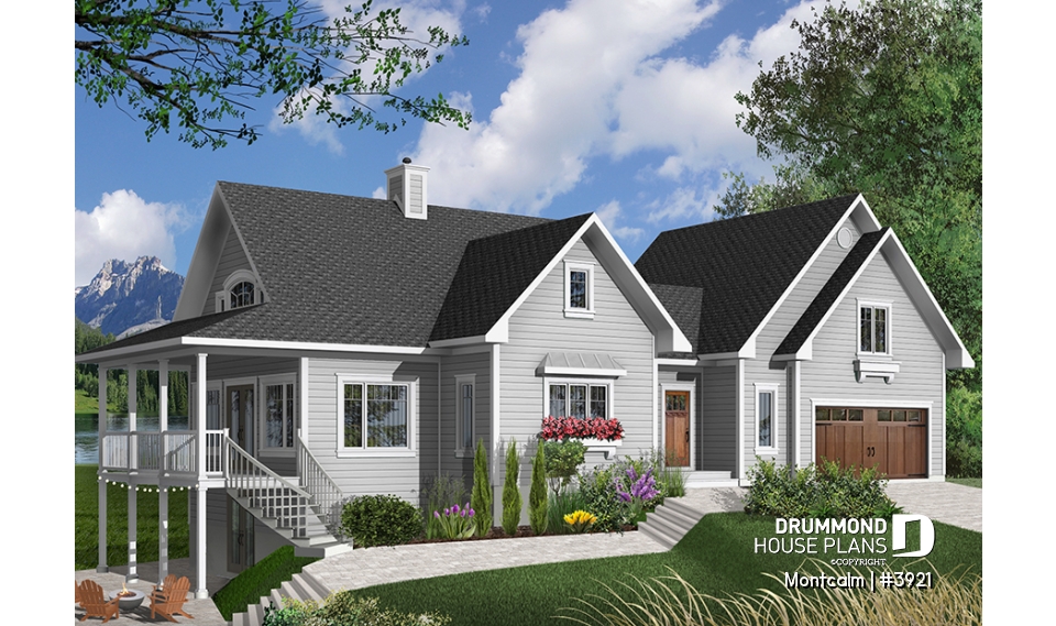 front - BASE MODEL - Country cottage house plan, large master suite, guest suite above garage, large covered terrace, fireplace - Montcalm