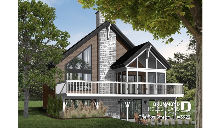 Rear view - BASE MODEL - Rustic chalet house plan, 3 to 4 bedrom, screened in porch, cathedral ceiling, mezzanine, panoramic views - The Sun Stream 1