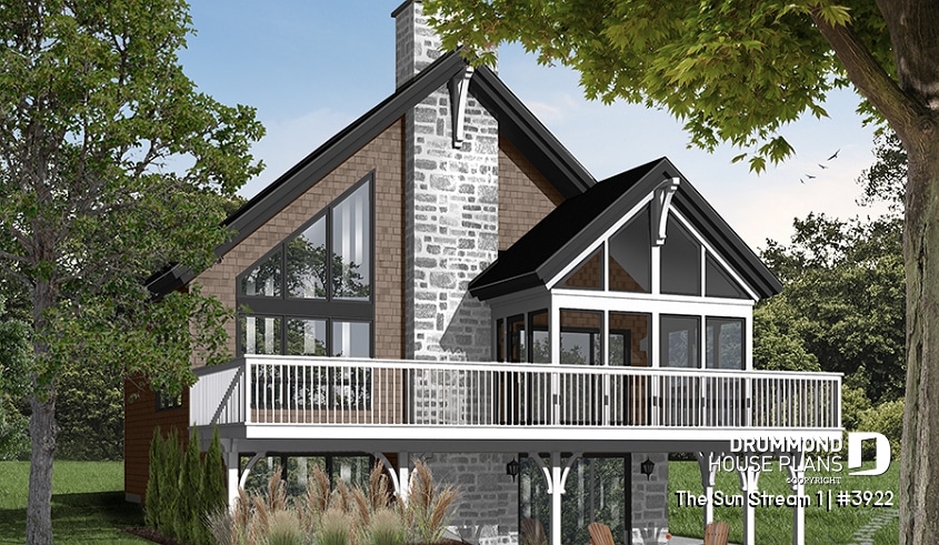 Rear view - BASE MODEL - Rustic chalet house plan, 3 to 4 bedrom, screened in porch, cathedral ceiling, mezzanine, panoramic views - The Sun Stream 1