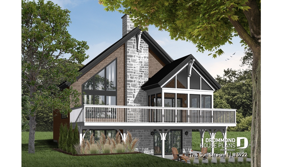 Rear view - BASE MODEL - Rustic chalet house plan, 3 to 4 bedrom, screened in porch, cathedral ceiling, mezzanine, panoramic views - The Sun Stream 1