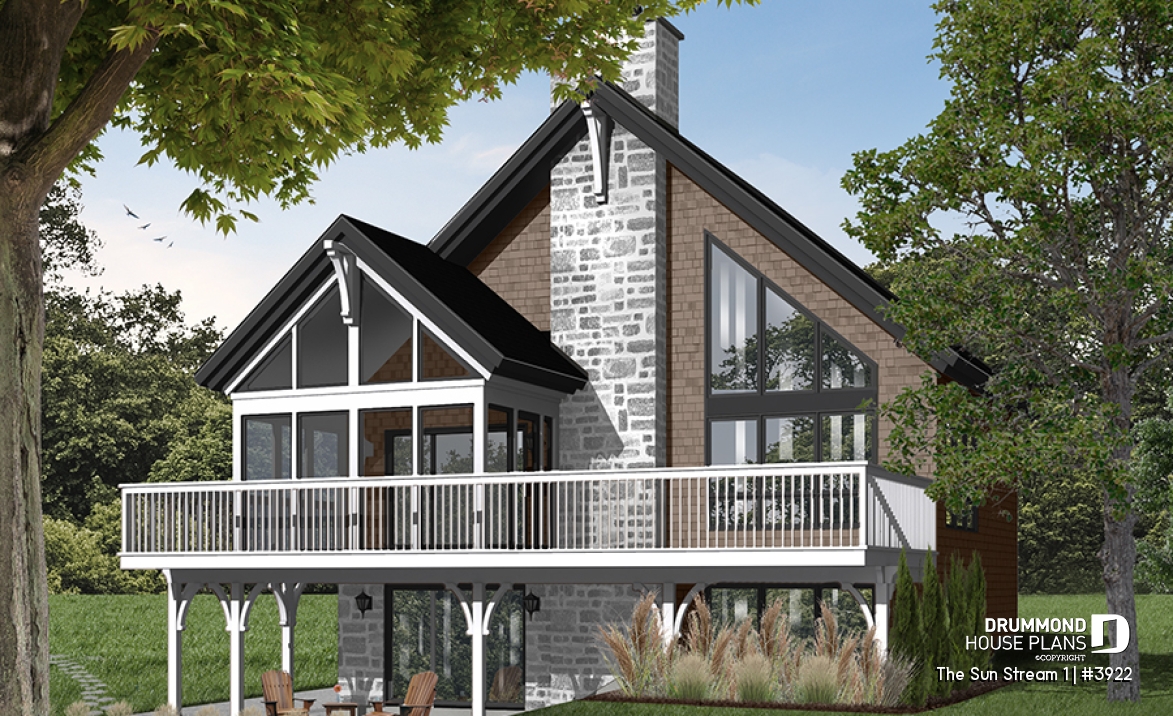 Rear view - BASE MODEL - Rustic chalet house plan, 3 to 4 bedrom, screened in porch, cathedral ceiling, mezzanine, panoramic views - The Sun Stream 1