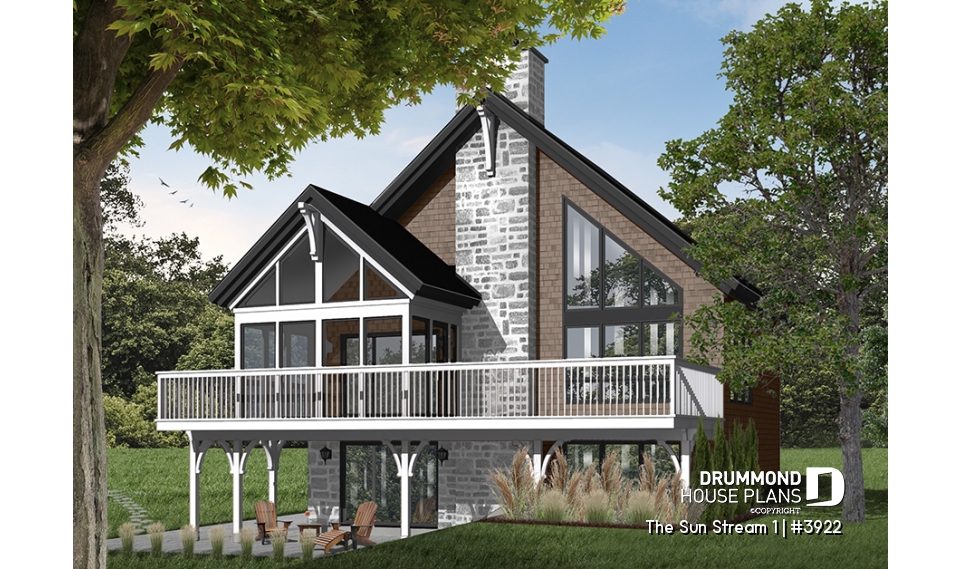 Rear view - BASE MODEL - Rustic chalet house plan, 3 to 4 bedrom, screened in porch, cathedral ceiling, mezzanine, panoramic views - The Sun Stream 1