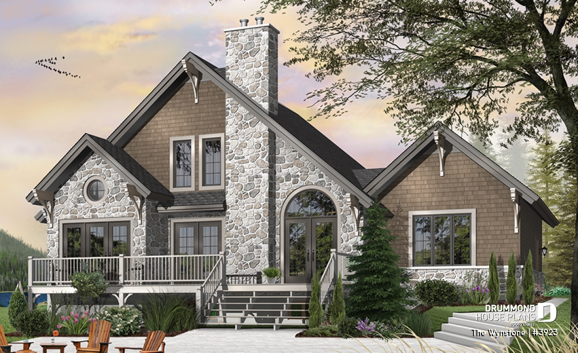 Color version 6 - Rear - Mountain style cottage plan, 3 bedrooms, garage, master suite on main floor, mud room, fireplace, mezzanine - The Wynstone