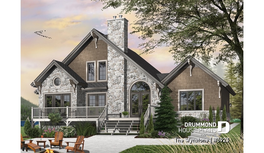 Color version 6 - Rear - Mountain style cottage plan, 3 bedrooms, garage, master suite on main floor, mud room, fireplace, mezzanine - The Wynstone