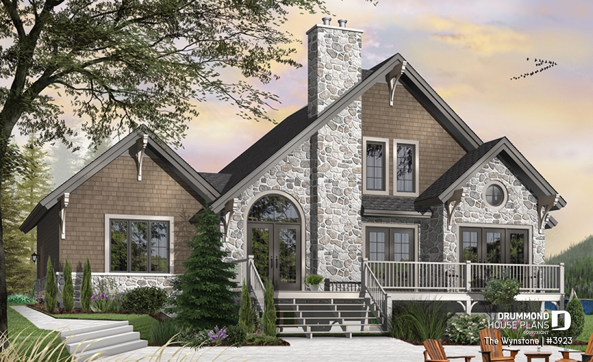 Color version 6 - Rear - Mountain style cottage plan, 3 bedrooms, garage, master suite on main floor, mud room, fireplace, mezzanine - The Wynstone