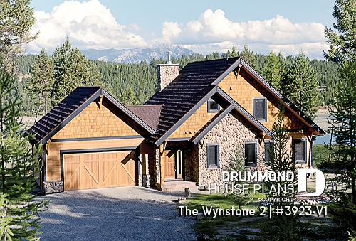 front - BASE MODEL - Panoramic 3 bedroom mountain cottage plan, master suite, 2-car garage, mezzanine, kitchen booth - The Wynstone 2