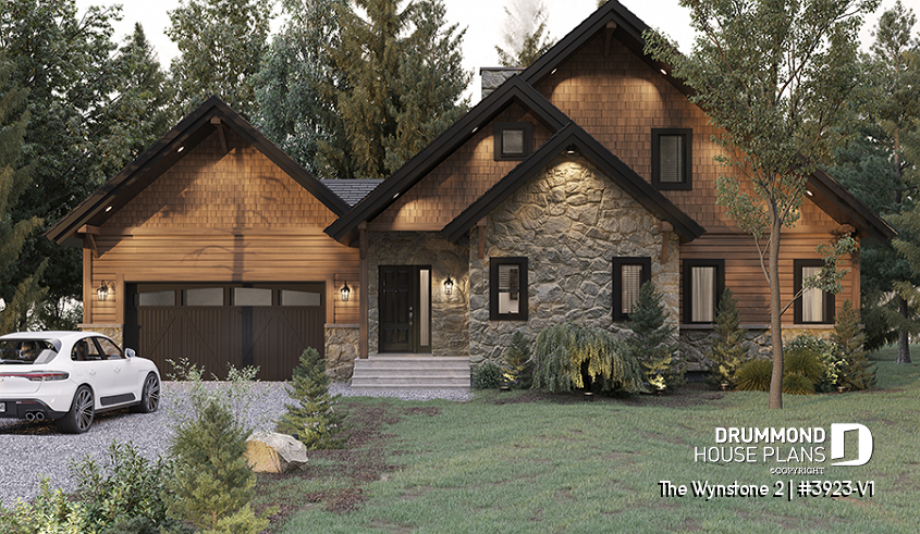 front - BASE MODEL - Panoramic 3 bedroom mountain cottage plan, master suite, 2-car garage, mezzanine, kitchen booth - The Wynstone 2