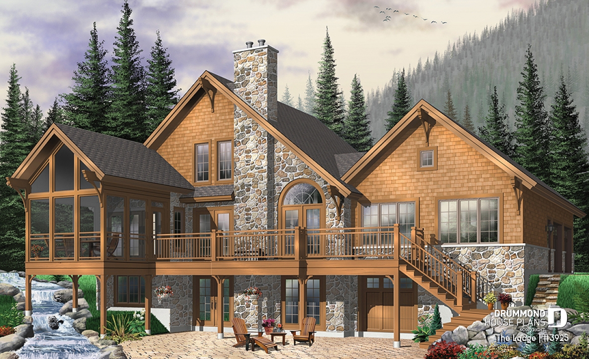 Rear view - BASE MODEL - Mountain style 5 bedrooms cottage plan, 2 master suites, open concept, cathedral ceiling, walkout basement - The Lodge