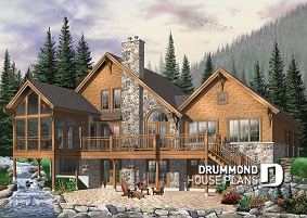 Rear view - BASE MODEL - Mountain style 5 bedrooms cottage plan, 2 master suites, open concept, cathedral ceiling, walkout basement - The Lodge