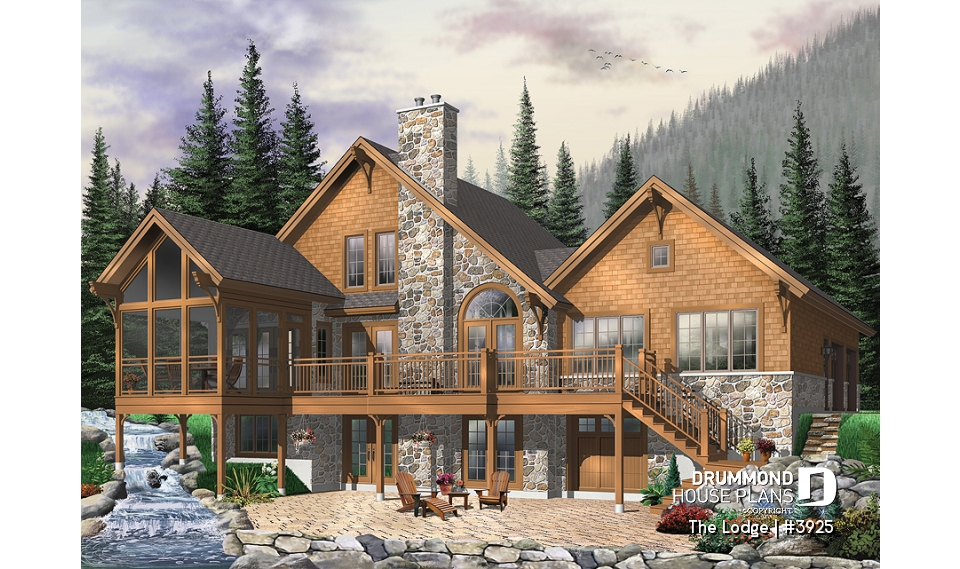 Rear view - BASE MODEL - Mountain style 5 bedrooms cottage plan, 2 master suites, open concept, cathedral ceiling, walkout basement - The Lodge