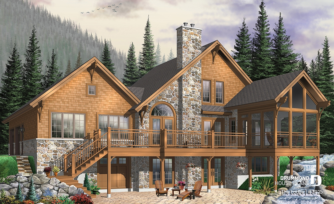 Rear view - BASE MODEL - Mountain style 5 bedrooms cottage plan, 2 master suites, open concept, cathedral ceiling, walkout basement - The Lodge