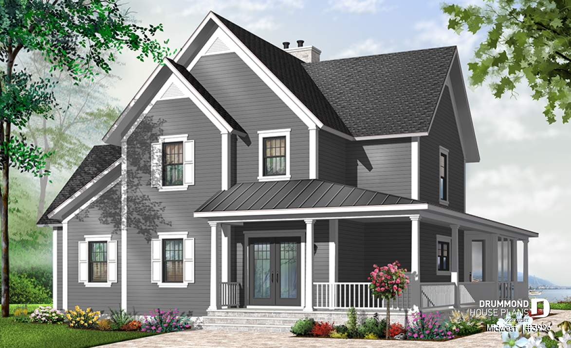 Color version 4 - Front - 4 bedroom Small Country Cottage Plan, 2 master suites one with private balcony 3 fireplaces 3 bathrooms - Midwest 