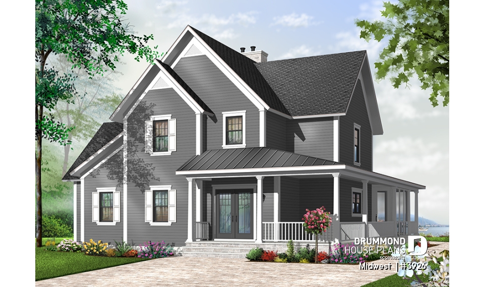 Color version 4 - Front - 4 bedroom Small Country Cottage Plan, 2 master suites one with private balcony 3 fireplaces 3 bathrooms - Midwest 