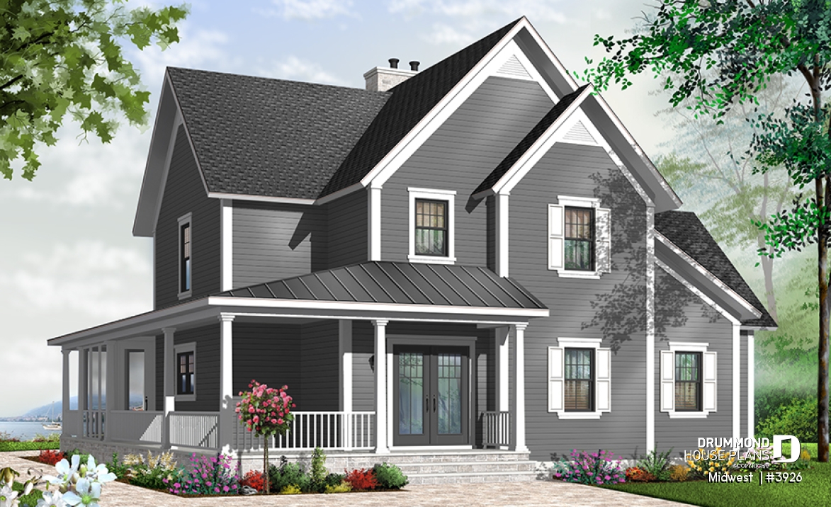 Color version 4 - Front - 4 bedroom Small Country Cottage Plan, 2 master suites one with private balcony 3 fireplaces 3 bathrooms - Midwest 