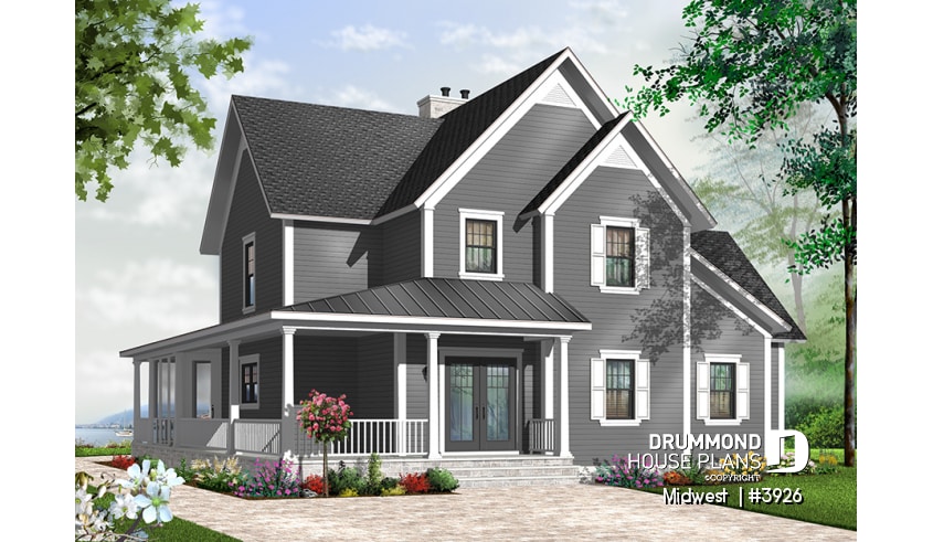 Color version 4 - Front - 4 bedroom Small Country Cottage Plan, 2 master suites one with private balcony 3 fireplaces 3 bathrooms - Midwest 