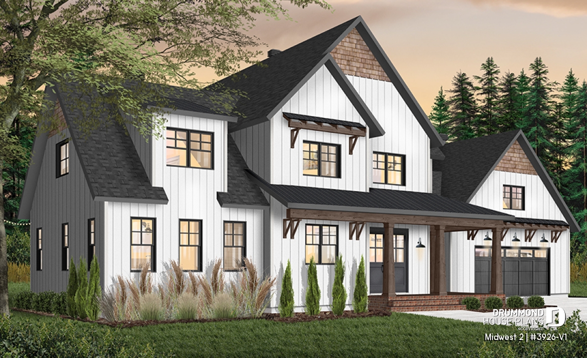 front - BASE MODEL - 4 Bedroom Farmhouse home plan, master suite, butler's pantry, ensuite, library/den and covered terrace - Midwest 2