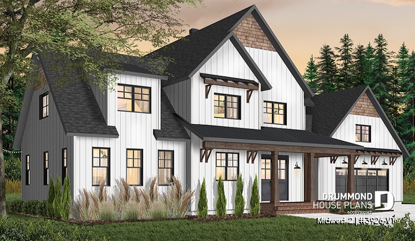 front - BASE MODEL - 4 Bedroom Farmhouse home plan, master suite, butler's pantry, ensuite, library/den and covered terrace - Midwest 2