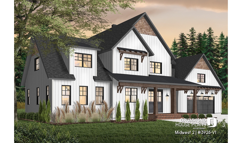 front - BASE MODEL - 4 Bedroom Farmhouse home plan, master suite, butler's pantry, ensuite, library/den and covered terrace - Midwest 2