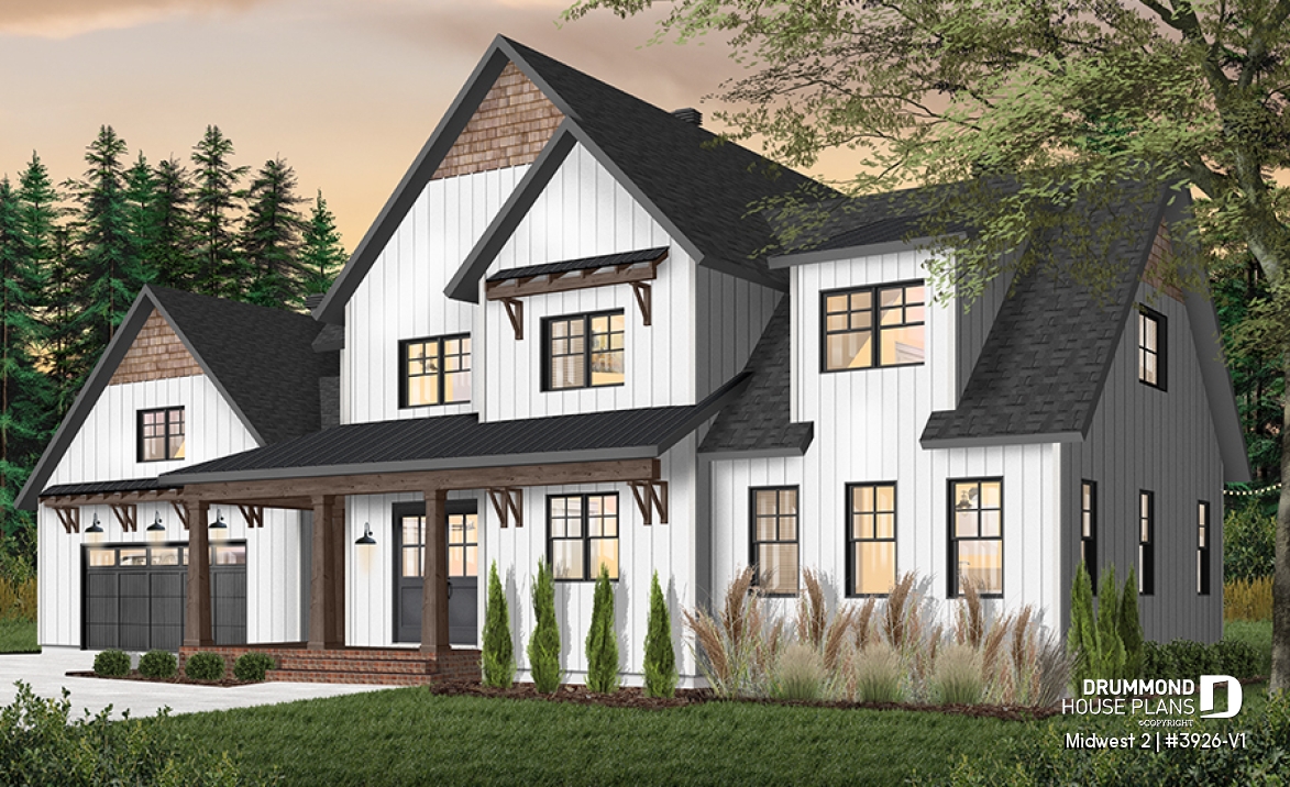 front - BASE MODEL - 4 Bedroom Farmhouse home plan, master suite, butler's pantry, ensuite, library/den and covered terrace - Midwest 2