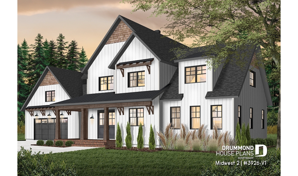 front - BASE MODEL - 4 Bedroom Farmhouse home plan, master suite, butler's pantry, ensuite, library/den and covered terrace - Midwest 2