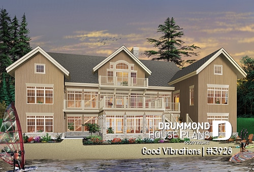 Rear view - BASE MODEL - Luxurious 3 to7 bedroom Waterfront House Plans, Indoor Pool & Spa, 2 Master suites, Inlaw Suite, 2-car garage - Good Vibrations