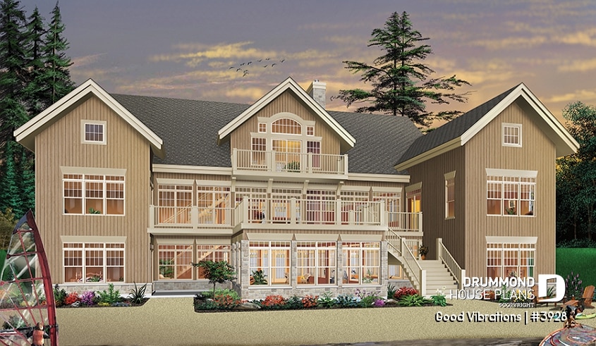 Rear view - BASE MODEL - Luxurious 3 to7 bedroom Waterfront House Plans, Indoor Pool & Spa, 2 Master suites, Inlaw Suite, 2-car garage - Good Vibrations