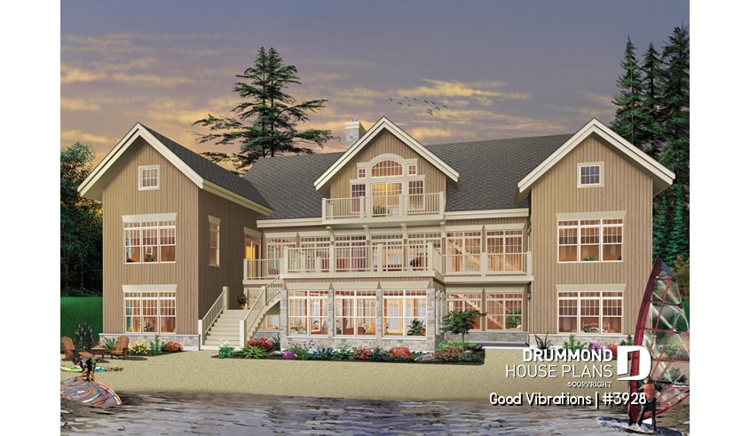 Rear view - BASE MODEL - Luxurious 3 to7 bedroom Waterfront House Plans, Indoor Pool & Spa, 2 Master suites, Inlaw Suite, 2-car garage - Good Vibrations