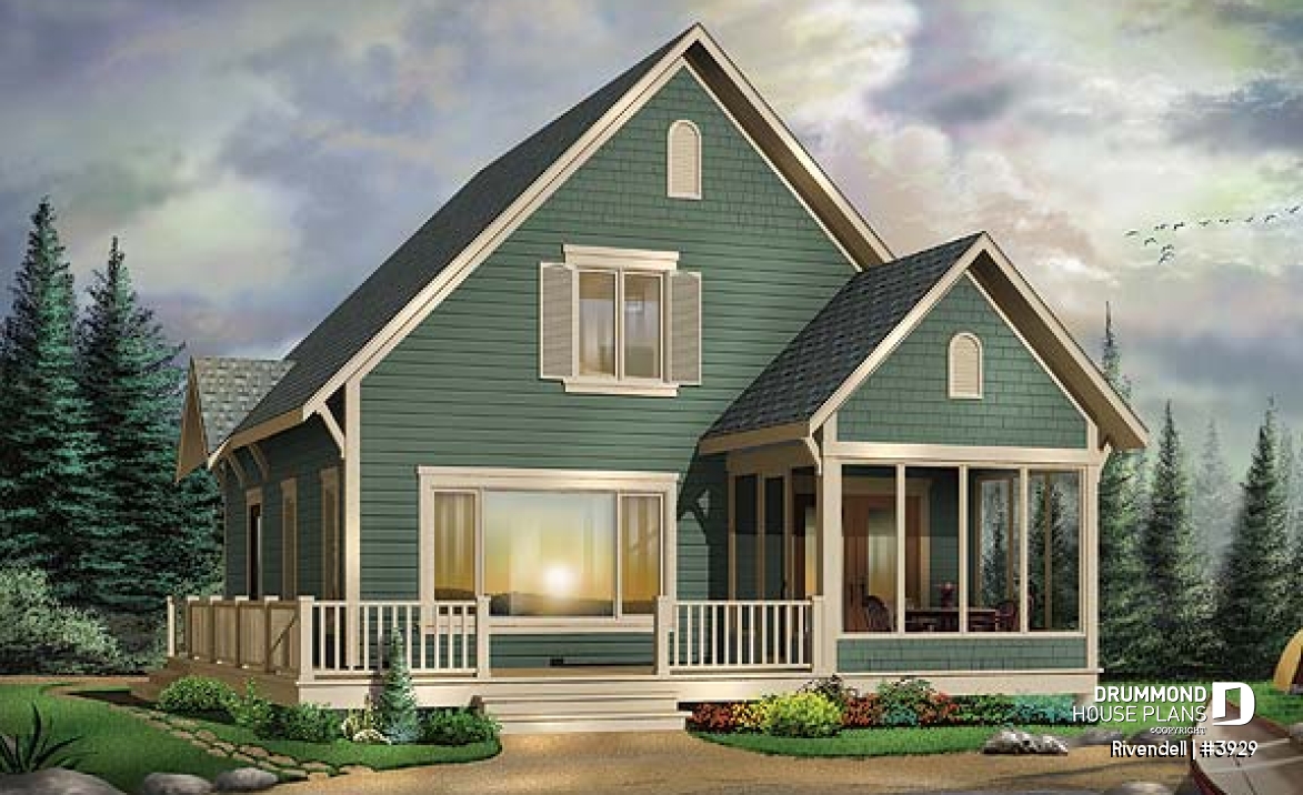 front - BASE MODEL - Small and affordable ski chalet or cabin house plan, 3 bedrooms, open floor plan, screened porch, mud room - Rivendell