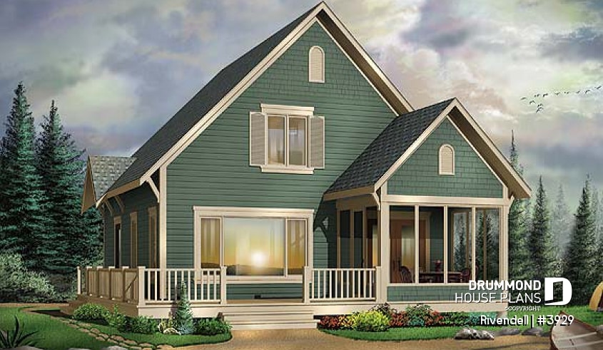 front - BASE MODEL - Small and affordable ski chalet or cabin house plan, 3 bedrooms, open floor plan, screened porch, mud room - Rivendell
