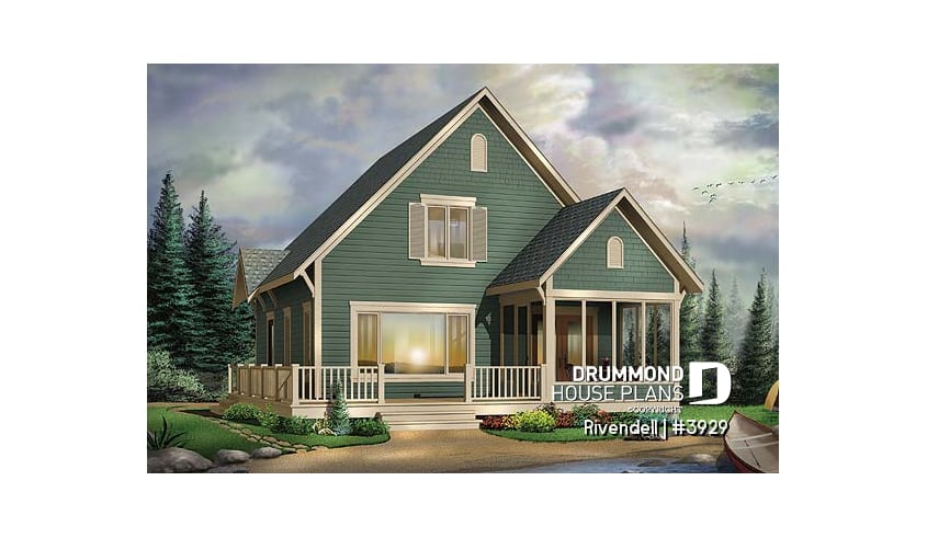 front - BASE MODEL - Small and affordable ski chalet or cabin house plan, 3 bedrooms, open floor plan, screened porch, mud room - Rivendell
