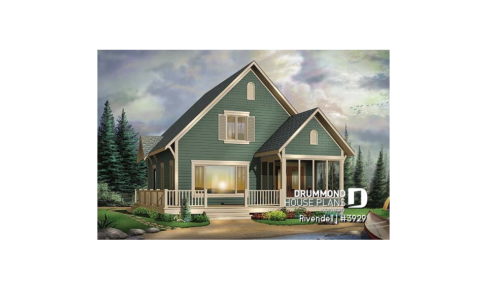 front - BASE MODEL - Small and affordable ski chalet or cabin house plan, 3 bedrooms, open floor plan, screened porch, mud room - Rivendell