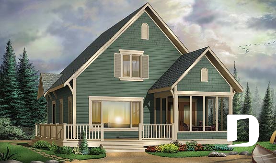 front - BASE MODEL - Small and affordable ski chalet or cabin house plan, 3 bedrooms, open floor plan, screened porch, mud room - Rivendell